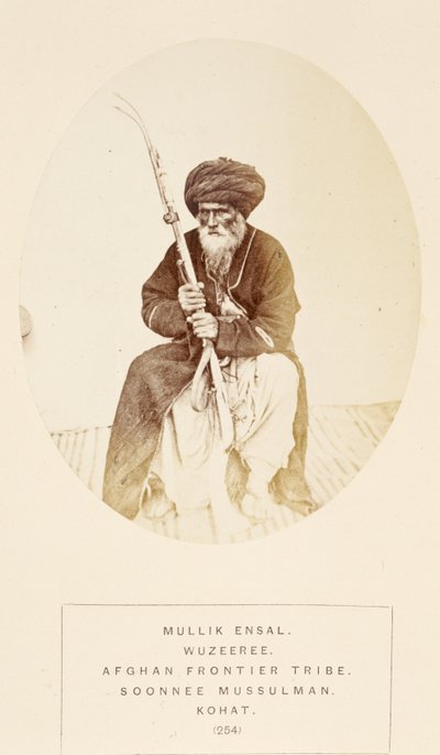 Mullik Ensal, Wuzeeree tribesman from the Afghan Frontier Tribe, Kohat, from The People of India, by J. Forbes Watson, published 1868 by English Photographer